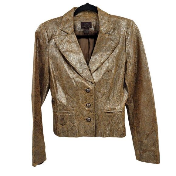 Vtg 90's Designer Vakko Blazer Leather Jacket Metallic Snake Print Mustard Sz 12